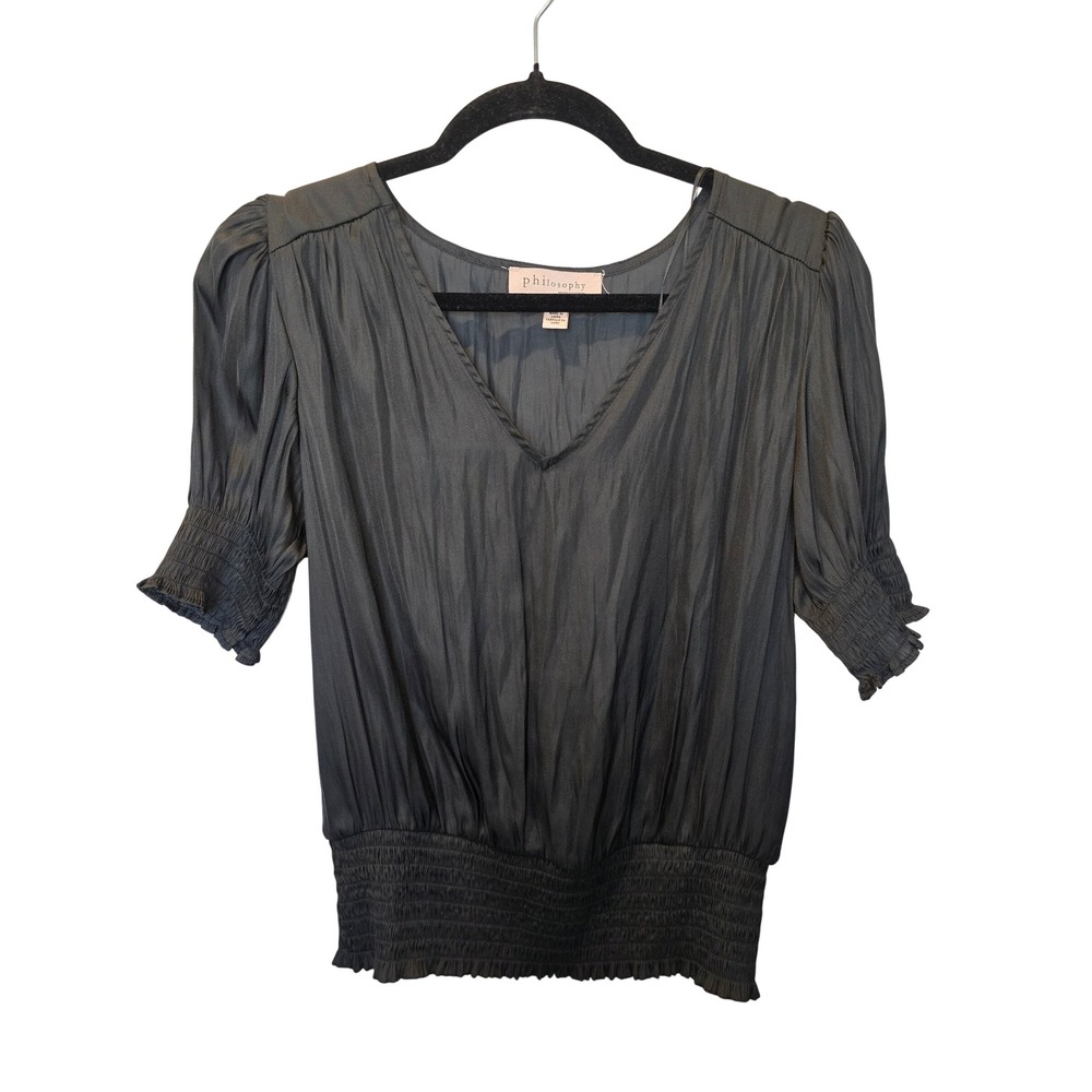 Philosophy Republic Clothing Black Smocked‎ Waist V-Neck Pleated Blouse Medium